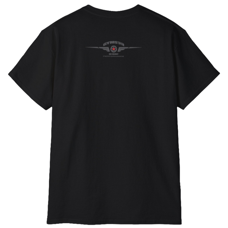 A  black crop Gymstar tee with a red and black graphic that reads 'Get More Power' and has a big star and skull kettlebell, presumably bodybulding or fitness. Rear view.