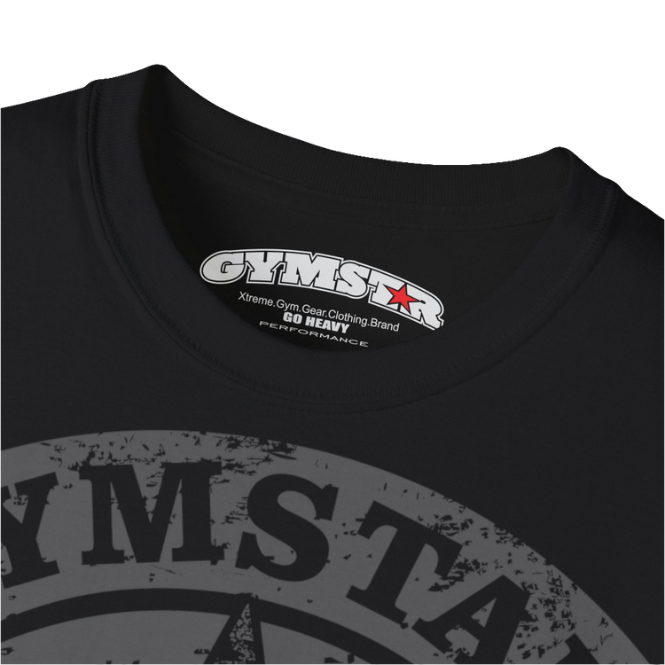 A  black crop Gymstar tee with a red and black graphic that reads 'Get More Power' and has a big star and skull kettlebell, presumably bodybulding or fitness. Logo close up view.