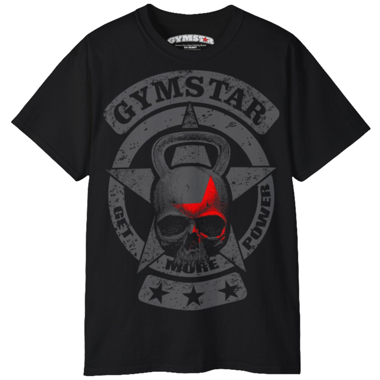 A black crop Gymstar tee with a red and silver graphic that reads 'Get More Power' and has a big star and skull kettlebell, presumably bodybulding or fitness.