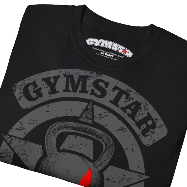 A  black crop Gymstar tee with a red and black graphic that reads 'Get More Power' and has a big star and skull kettlebell, presumably bodybulding or fitness. close up view.