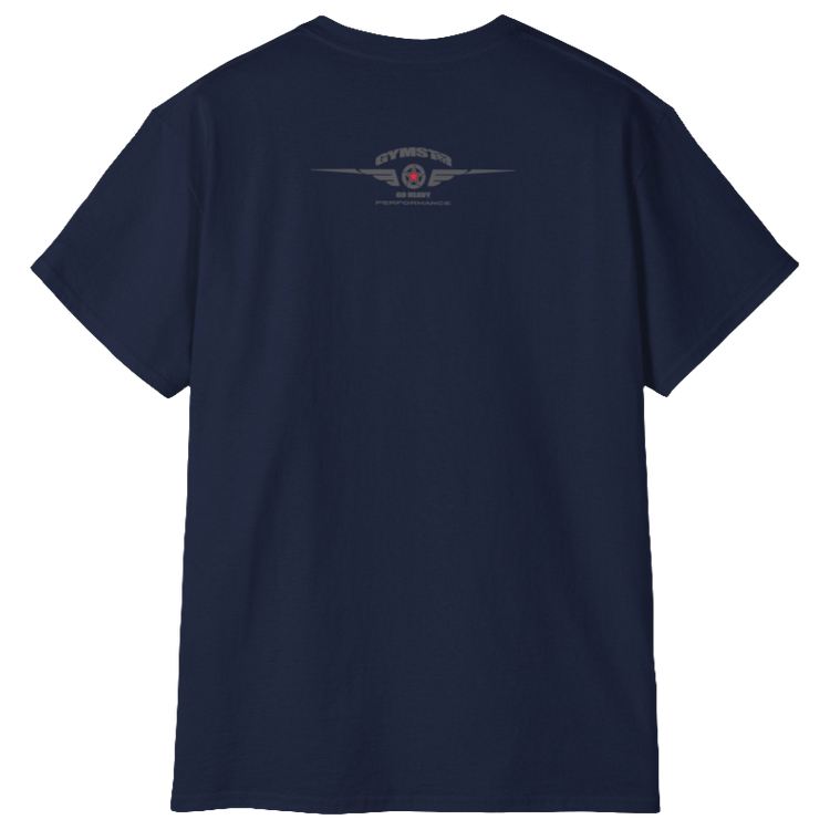 A  navy blue crop Gymstar tee with a red and black graphic that reads 'Get More Power' and has a big star and skull kettlebell, presumably bodybulding or fitness. Rear view.