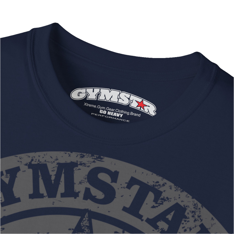 A  navy blue crop Gymstar tee with a red and black graphic that reads 'Get More Power' and has a big star and skull kettlebell, presumably bodybulding or fitness. Logo close up view.