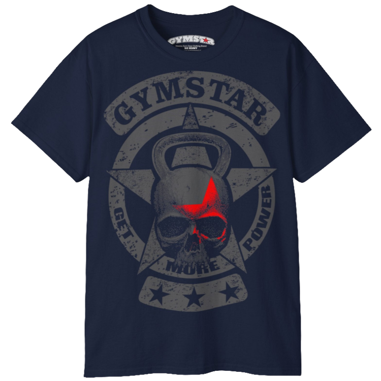 A navy blue crop Gymstar tee with a red and black graphic that reads 'Get More Power' and has a big star and skull kettlebell, presumably bodybulding or fitness.