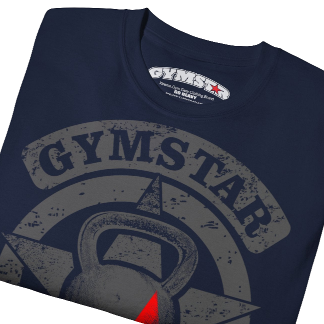 A  navy blue crop Gymstar tee with a red and black graphic that reads 'Get More Power' and has a big star and skull kettlebell, presumably bodybulding or fitness. close up view.