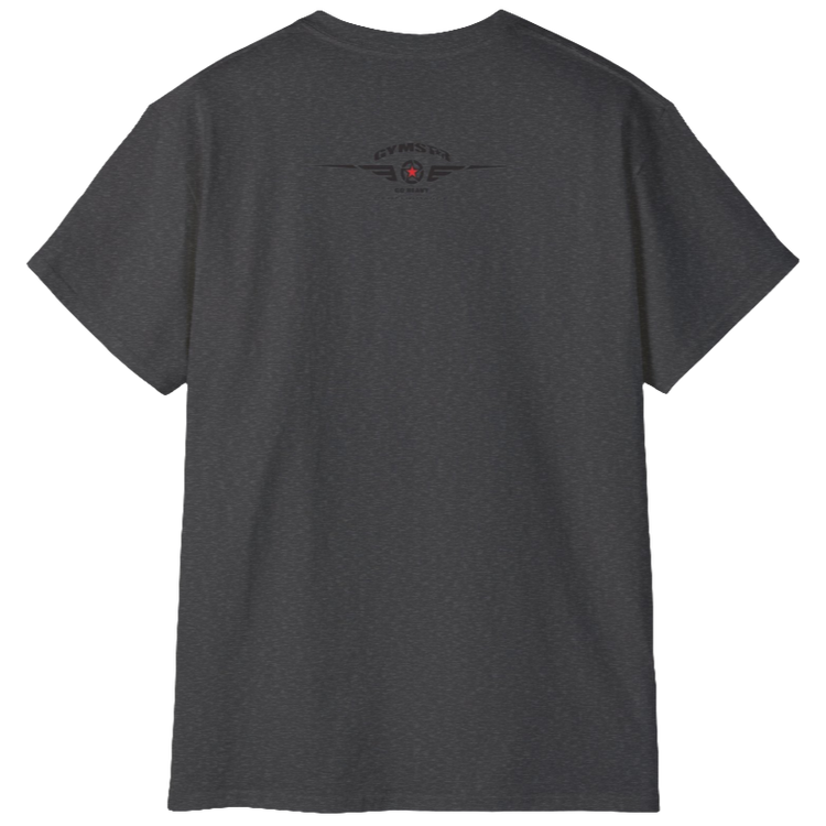 A grey crop Gymstar tee with a red and black graphic that reads 'Get More Power' and has a big star and skull kettlebell, presumably bodybulding or fitness. Rear  view.