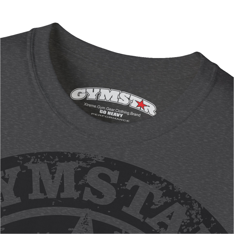 A  grey crop Gymstar tee with a red and black graphic that reads 'Get More Power' and has a big star and skull kettlebell, presumably bodybulding or fitness. Logo close up view.