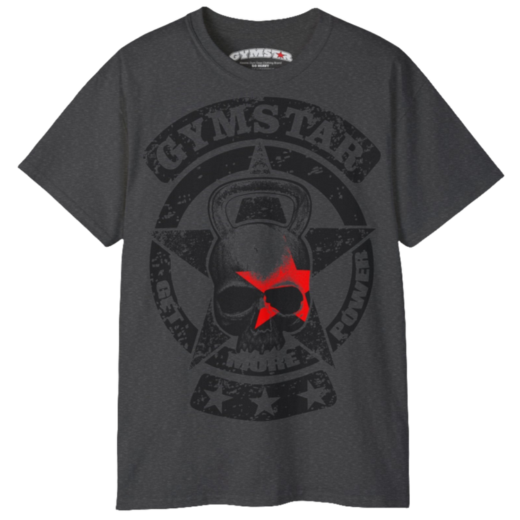 A grey crop Gymstar tee with a red and black graphic that reads 'Get More Power' and has a big star and skull kettlebell, presumably bodybulding or fitness.