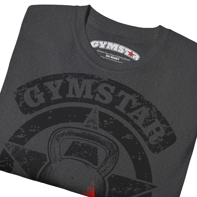 A grey crop Gymstar tee with a red and black graphic that reads 'Get More Power' and has a big star and skull kettlebell, presumably bodybulding or fitness. close up view.