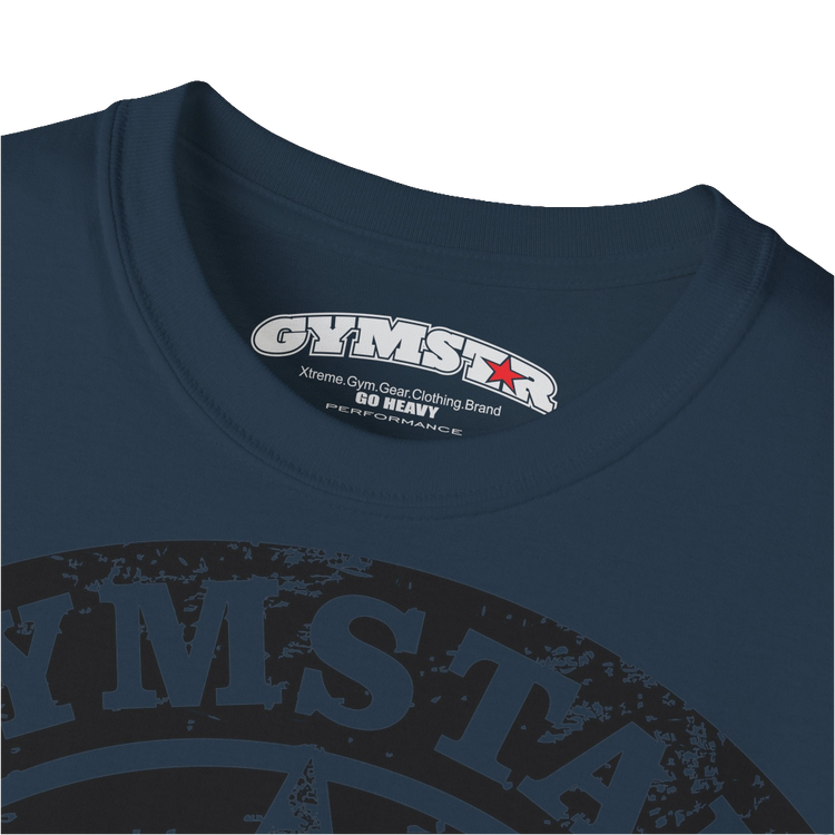 A  Deep navy Gymstar tee with a red and black graphic that reads 'Get More Power' and has a big star and skull kettlebell, presumably bodybulding or fitness. Logo close up view.