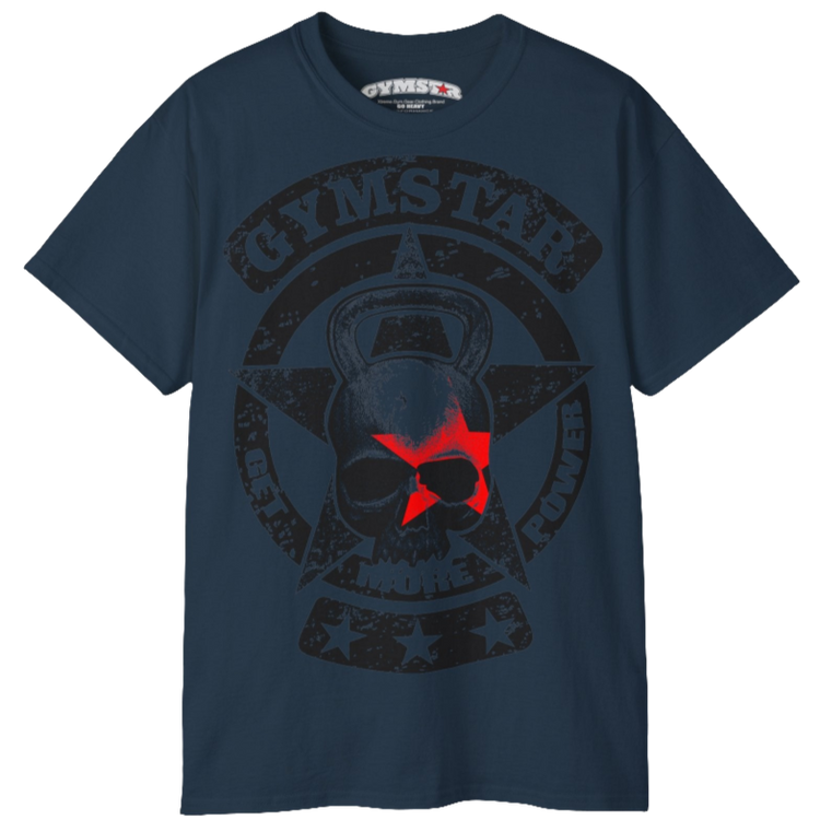 A deep navy crop Gymstar tee with a red and black graphic that reads 'Get More Power' and has a big star and skull kettlebell, presumably bodybulding or fitness.