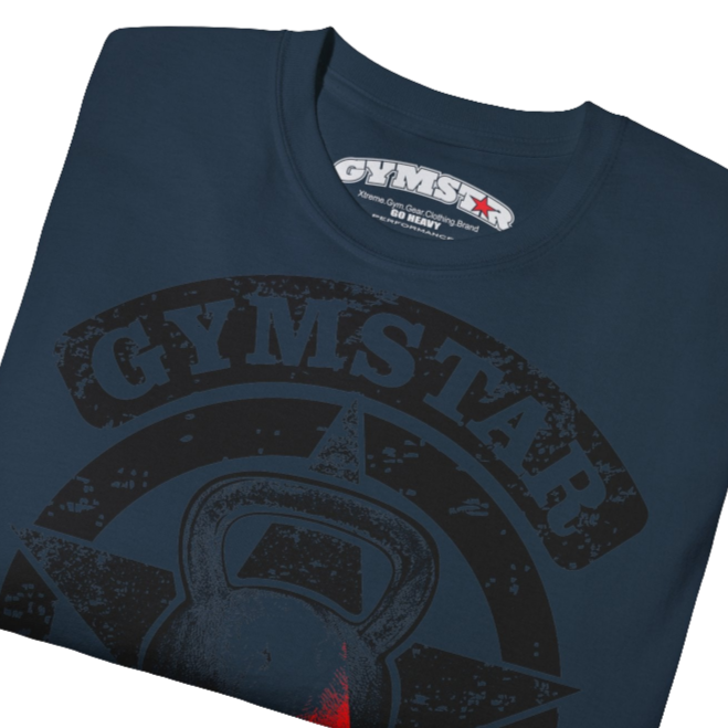 A  Deep navy Gymstar tee with a red and black graphic that reads 'Get More Power' and has a big star and skull kettlebell, presumably bodybulding or fitness. close up view.