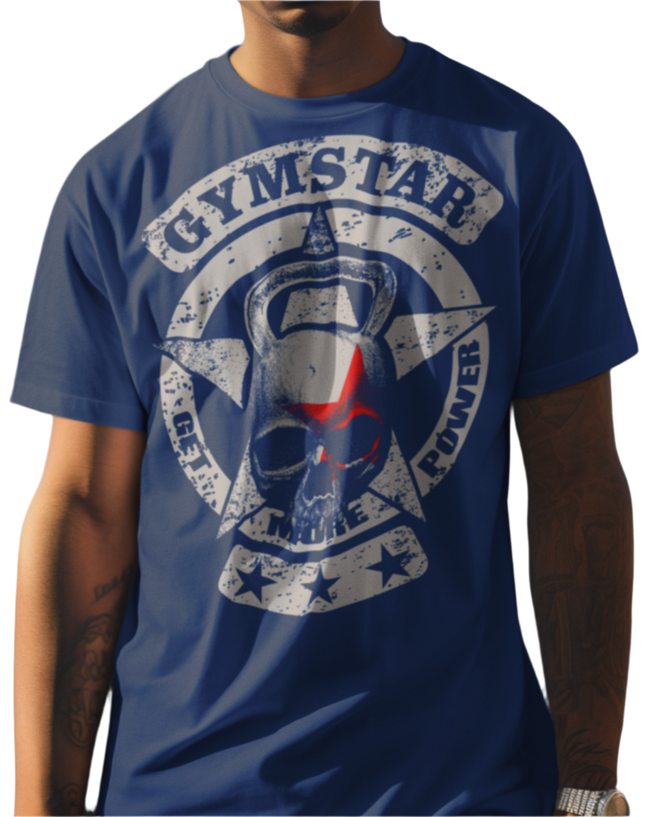 A man wearing sport blue crop Gymstar tee with a red and black graphic that reads 'Get More Power' and has a big star and skull kettlebell, presumably bodybulding or fitness.