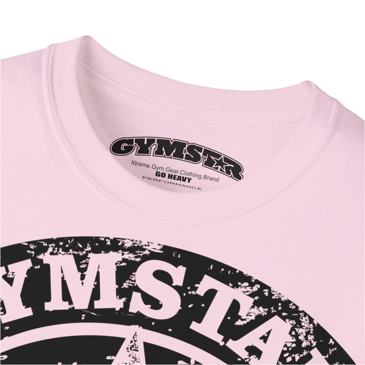 A  pink crop Gymstar tee with a red and black graphic that reads 'Get More Power' and has a big star and skull kettlebell, presumably bodybulding or fitness. Logo close up view.
