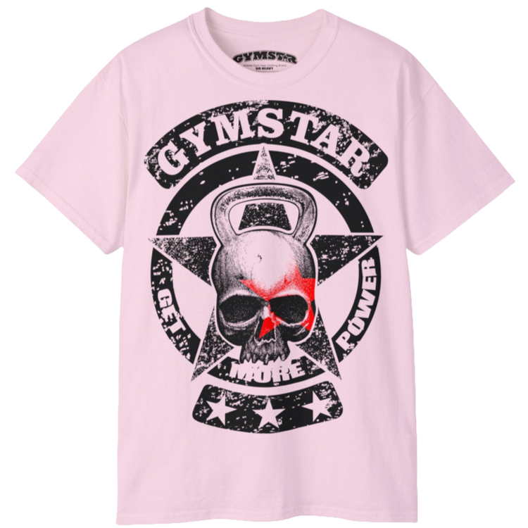 A pink crop Gymstar tee with a red and black graphic that reads 'Get More Power' and has a big star and skull kettlebell, presumably bodybulding or fitness.