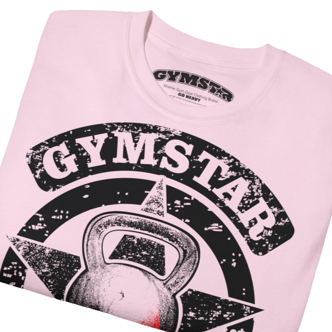 A  pink crop Gymstar tee with a red and black graphic that reads 'Get More Power' and has a big star and skull kettlebell, presumably bodybulding or fitness. Close up view.