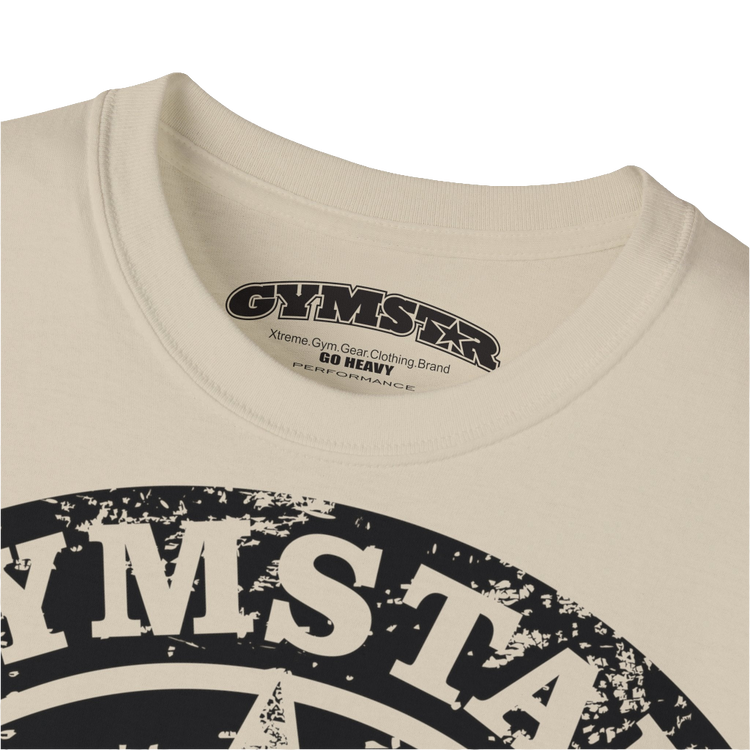 A  beige crop Gymstar tee with a red and black graphic that reads 'Get More Power' and has a big star and skull kettlebell, presumably bodybulding or fitness. Logo close up view.
