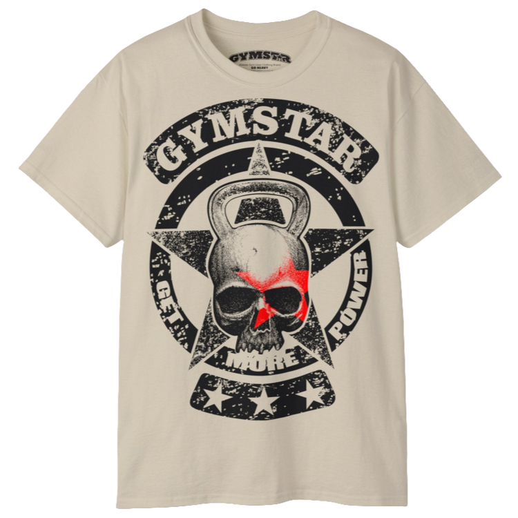 A beige crop Gymstar tee with a red and black graphic that reads 'Get More Power' and has a big star and skull kettlebell, presumably bodybulding or fitness.