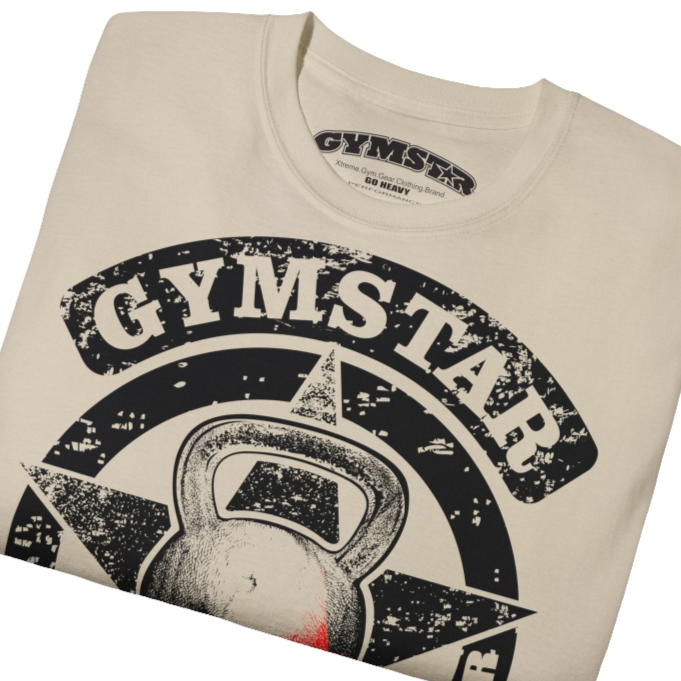 A  beige crop Gymstar tee with a red and black graphic that reads 'Get More Power' and has a big star and skull kettlebell, presumably bodybulding or fitness. close up view.