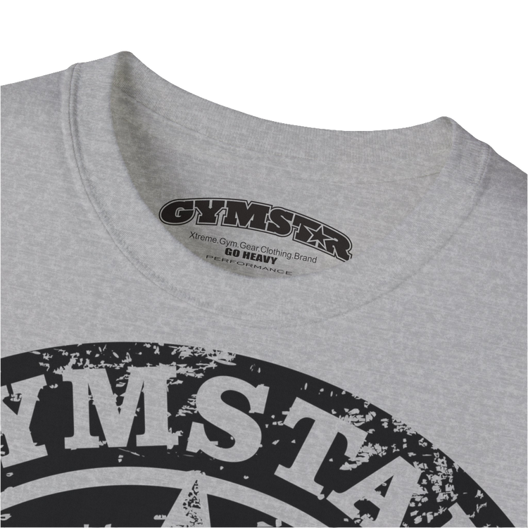 A  silver blue crop Gymstar tee with a red and black graphic that reads 'Get More Power' and has a big star and skull kettlebell, presumably bodybulding or fitness. Logo close up view.