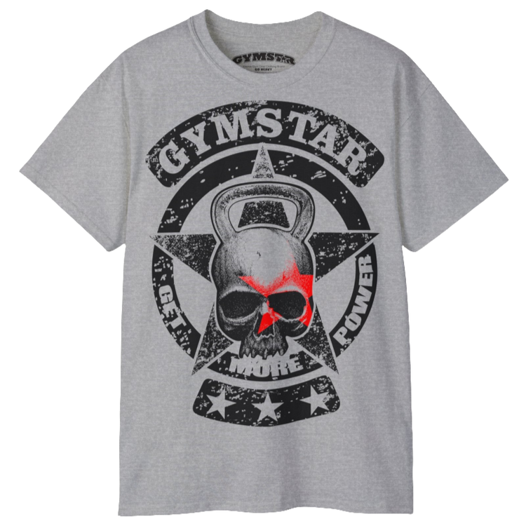 A silver grey crop Gymstar tee with a red and black graphic that reads 'Get More Power' and has a big star and skull kettlebell, presumably bodybulding or fitness.