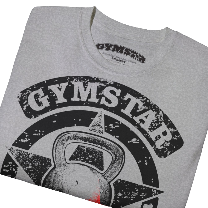 A  silver blue crop Gymstar tee with a red and black graphic that reads 'Get More Power' and has a big star and skull kettlebell, presumably bodybulding or fitness. close up view.