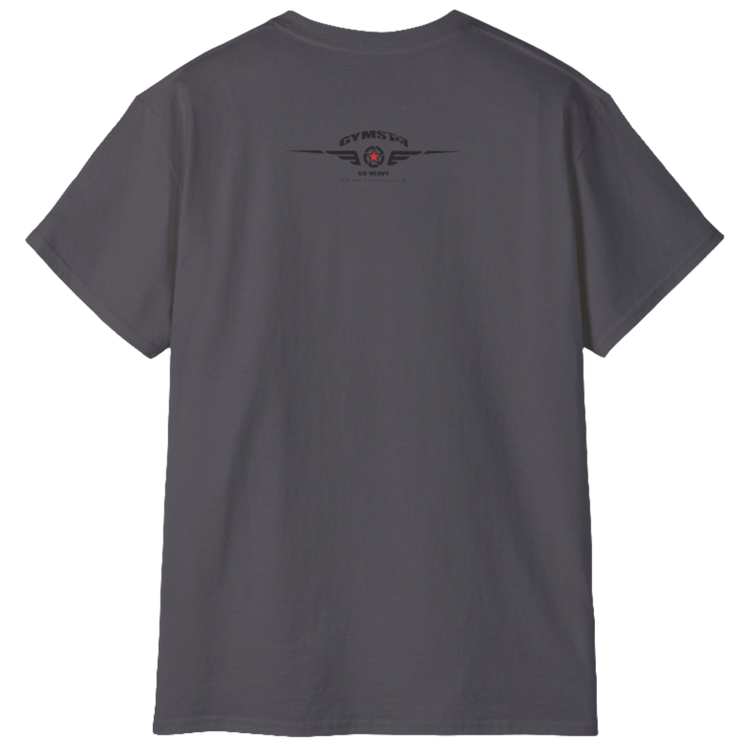 A sport grey crop Gymstar tee with a red and black graphic that reads 'Get More Power' and has a big star and skull kettlebell, presumably bodybulding or fitness. Rear view.