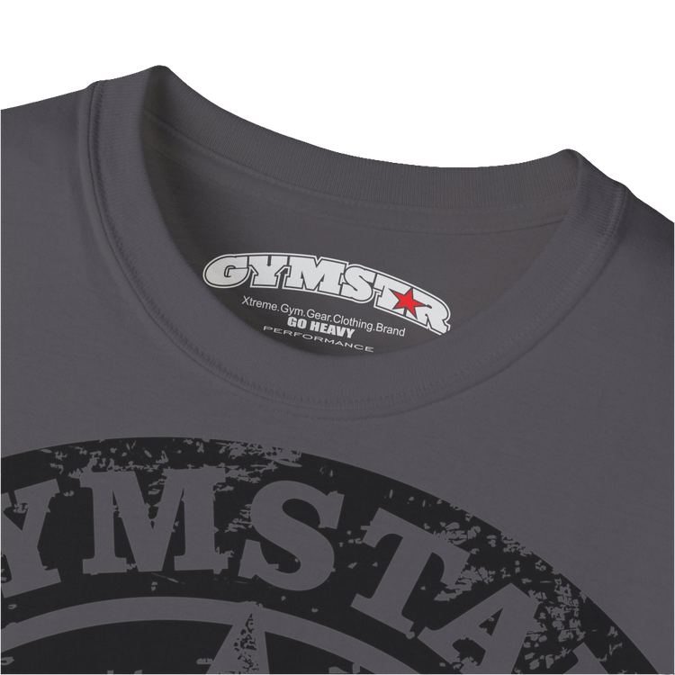 A sport grey crop Gymstar tee with a red and black graphic that reads 'Get More Power' and has a big star and skull kettlebell, presumably bodybulding or fitness. Logo close up view.