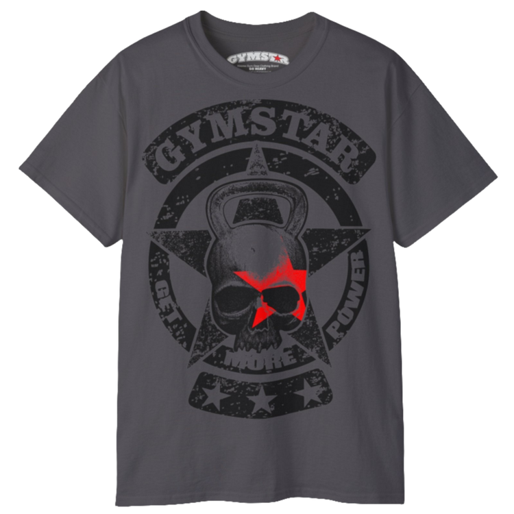 A sport grey crop Gymstar tee with a red and black graphic that reads 'Get More Power' and has a big star and skull kettlebell, presumably bodybulding or fitness.