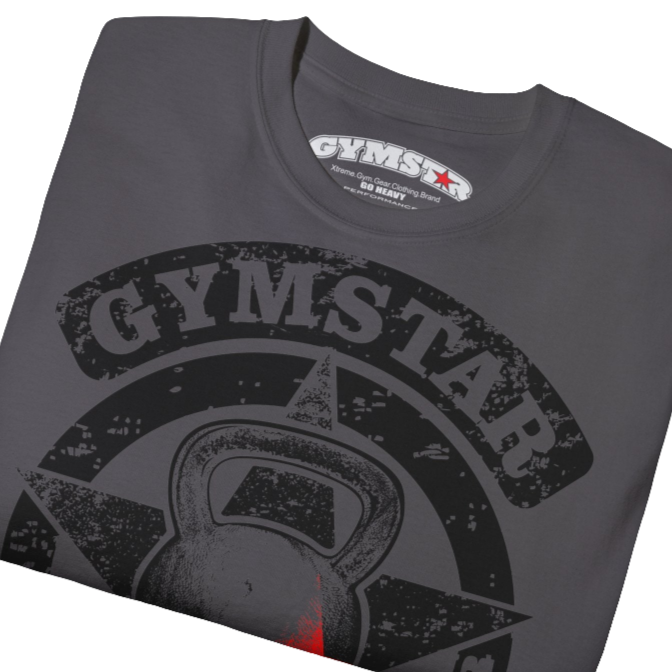 A sport grey crop Gymstar tee with a red and black graphic that reads 'Get More Power' and has a big star and skull kettlebell, presumably bodybulding or fitness. close up view.