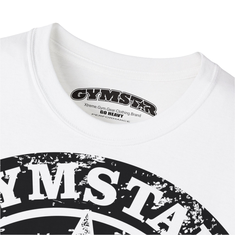 A white crop Gymstar tee with a red and black graphic that reads 'Get More Power' and has a big star and skull kettlebell, presumably bodybulding or fitness.  logo close up view.