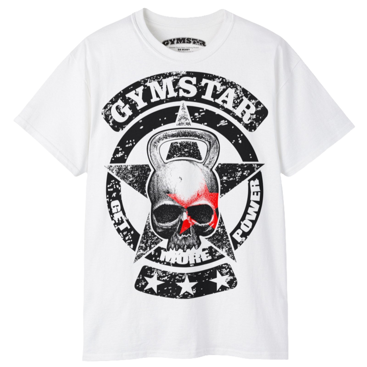 A white Gymstar tee with a red and black graphic that reads 'Get More Power' and has a big star and skull kettlebell, presumably bodybulding or fitness. Front view.