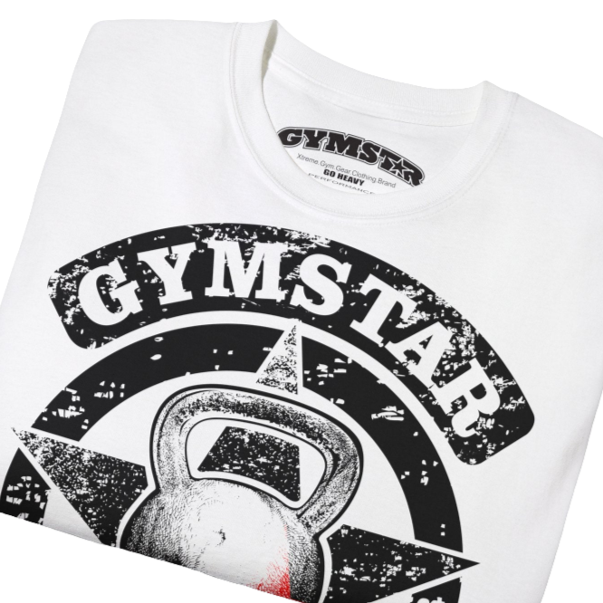 A white crop Gymstar tee with a red and black graphic that reads 'Get More Power' and has a big star and skull kettlebell, presumably bodybulding or fitness. close up view.