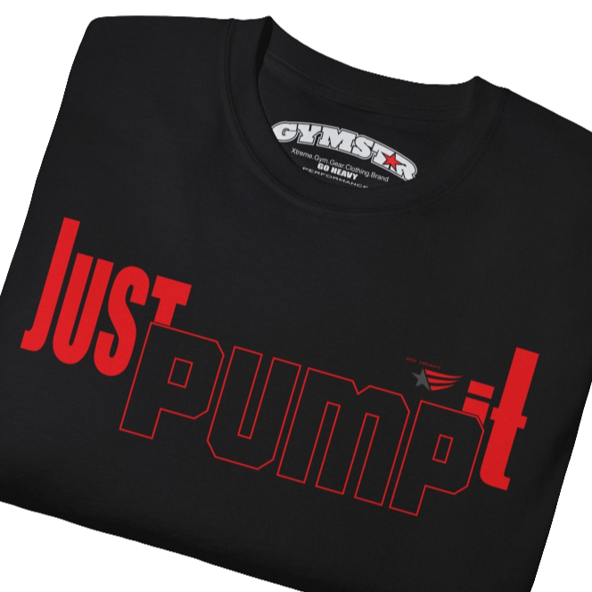 A black Gymstar tee with a red and black graphic that reads 'Just Pump it' and logo, presumably bodybulding or fitness. Close up view.