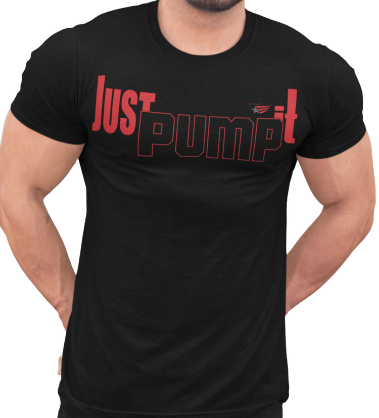 А man wearing sporty, black cotton Gymstar fitness t-shirt Just Pump It with a motivating design. Close-up front view.