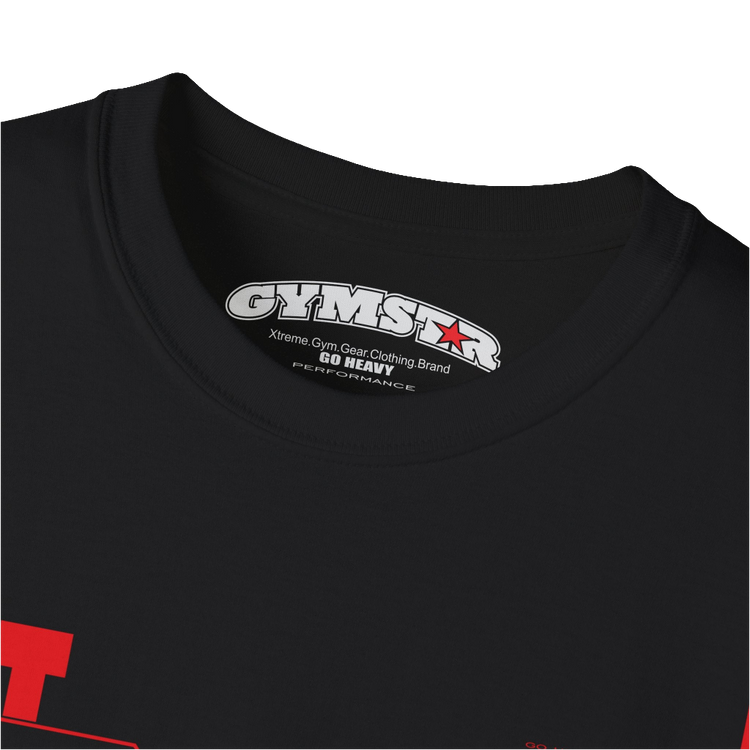 A black Gymstar tee with a red and black graphic that reads 'Just Pump it' and logo, presumably bodybulding or fitness. Logo Close up view.