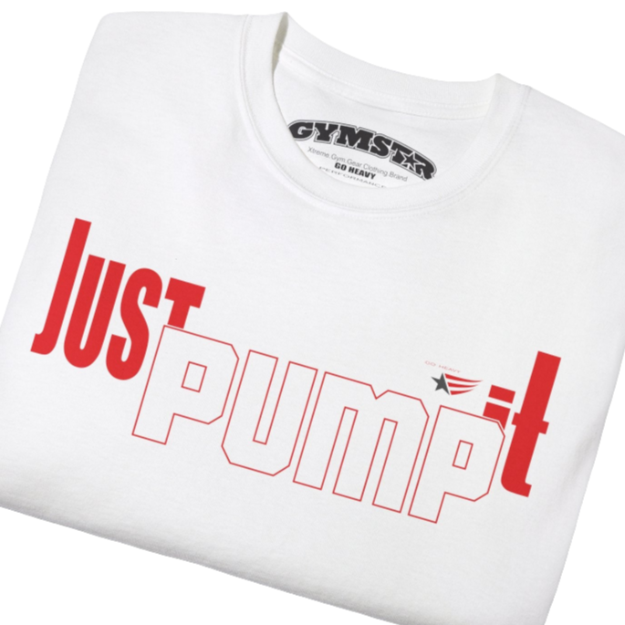 A white Gymstar tee with a red and black graphic that reads 'Just Pump it' and logo, presumably bodybulding or fitness. Close up view.