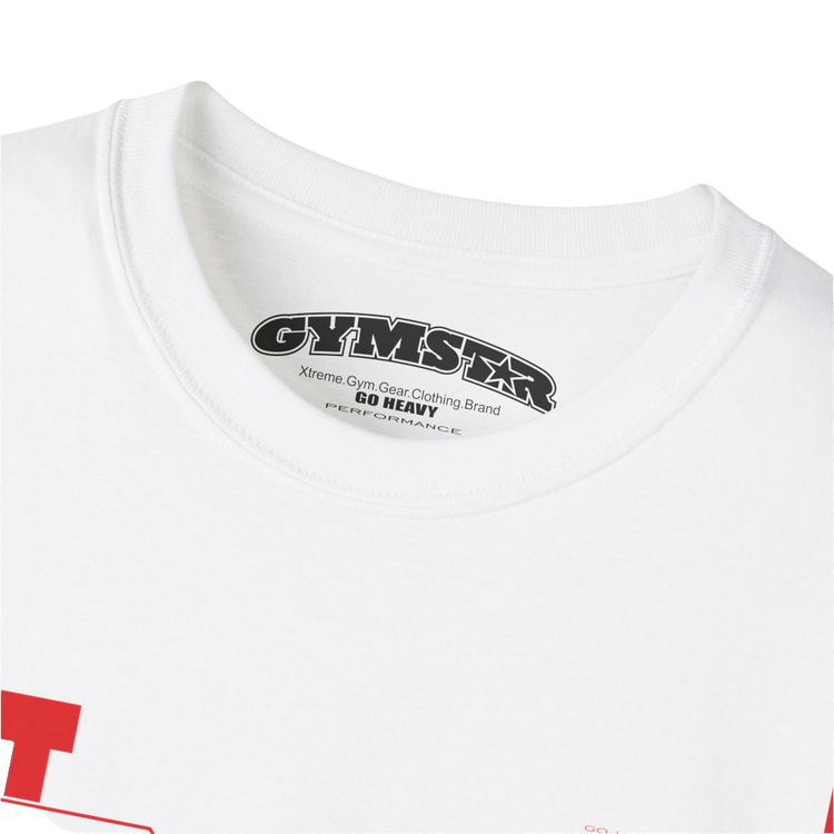 A white Gymstar tee with a red and black graphic that reads 'Just Pump it' and logo, presumably bodybulding or fitness. Logo Close up view.
