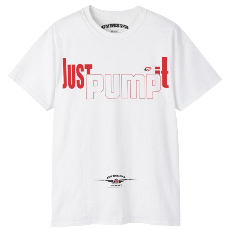 A white Gymstar tee with a red and black graphic that reads 'Just Pump it' and logo, presumably bodybulding or fitness.