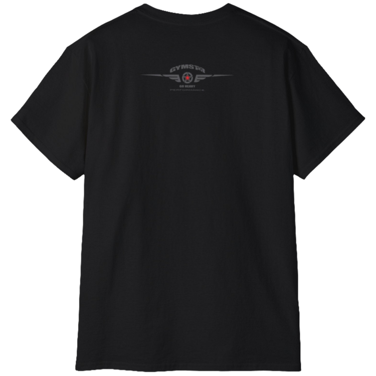 A black Gymstar t-shirt with a graphic print Just Pump it and a bodybuilder silhouete in the center, designed for fitness and sports. Rear view.