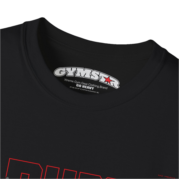 A black Gymstar t-shirt with a graphic print Just Pump it and a bodybuilder silhouete in the center, designed for fitness and sports. Front  logo close up view.