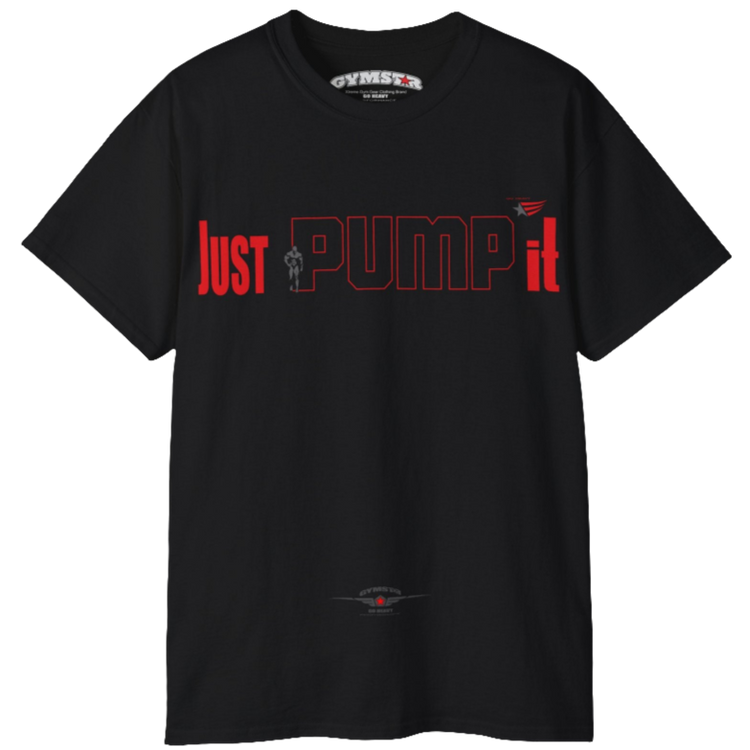 A black Gymstar t-shirt with a graphic print Just Pump it and a bodybuilder silhouete in the center, designed for fitness and sports. Front  view.