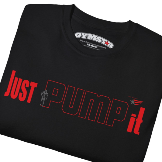 A black Gymstar t-shirt with a graphic print Just Pump it and a bodybuilder silhouete in the center, designed for fitness and sports. Front close up view.