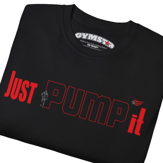 A black Gymstar t-shirt with a graphic print Just Pump it and a bodybuilder silhouete in the center, designed for fitness and sports. Front close up view.