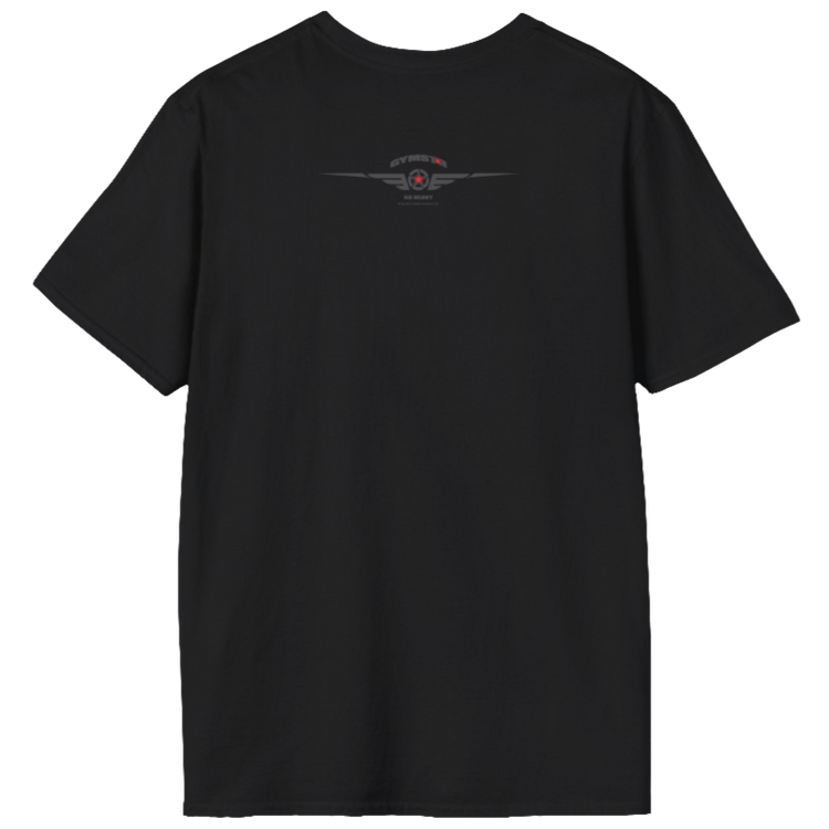 A black Gymstar t-shirt with a graphic print Raw Concept and a barbell in the center, designed for fitness and sports. Rear view.