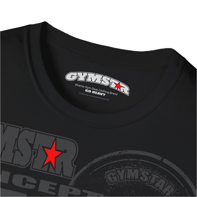 A black Gymstar t-shirt with a graphic print Raw Concept and a barbell in the center, designed for fitness and sports. Front logo close up view.