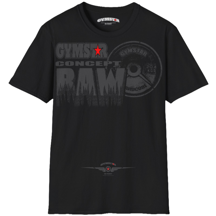 A black Gymstar t-shirt with a graphic print Raw Concept and a barbell in the center, designed for fitness and sports. Front  view.