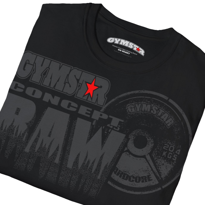 A black Gymstar t-shirt with a graphic print Raw Concept and a barbell in the center, designed for fitness and sports. Front  close up view.