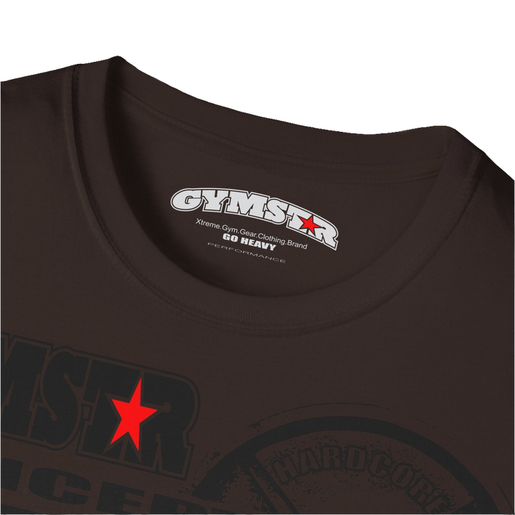 A  brown Gymstar t-shirt with a graphic print Raw Concept and a barbell in the center, designed for fitness and sports. Front logo close up view.