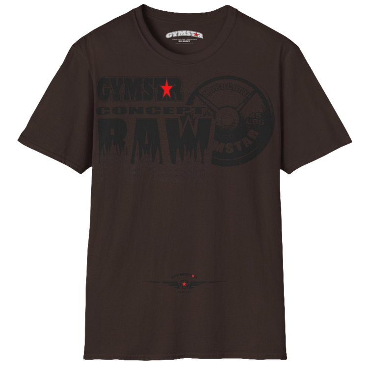 A  brown Gymstar t-shirt with a graphic print Raw Concept and a barbell in the center, designed for fitness and sports. Front  view.