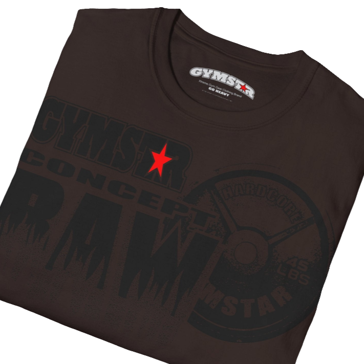 A  brown Gymstar t-shirt with a graphic print Raw Concept and a barbell in the center, designed for fitness and sports. Front  close up view.